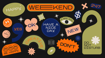 Collection of various patches, labels, tags, stickers, stamps for shopping and packaging. discounts, new collection. Vector set, trendy promo labels