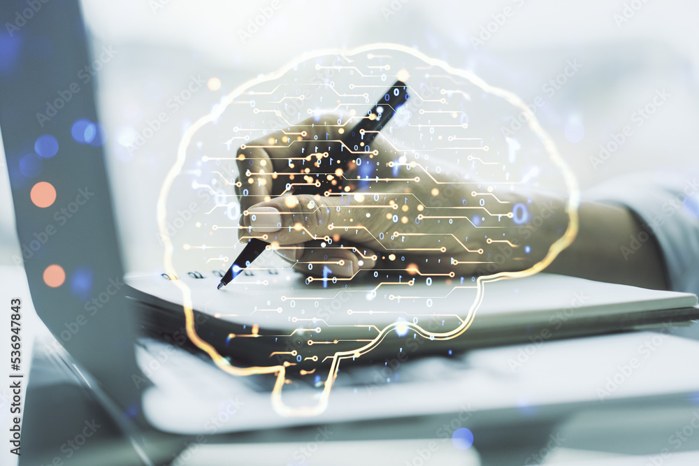 Poster Double exposure of creative artificial Intelligence symbol with hand writing in notebook on background with laptop. Neural networks and machine learning concept