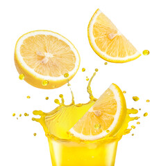 Fresh Lemon fruit falling into orange juices splashing on white background, With clipping path