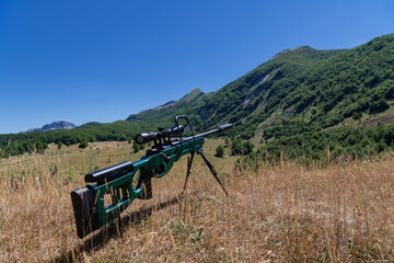 Fototapeta premium A green military sniper rifle with a scope for long distance tactical modern warfare in yellow grass blue sky