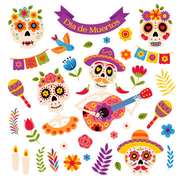 set isolated elements for Mexican holiday. Set for the celebration of the day of the dead.Decorated skulls, flowers, skeleton