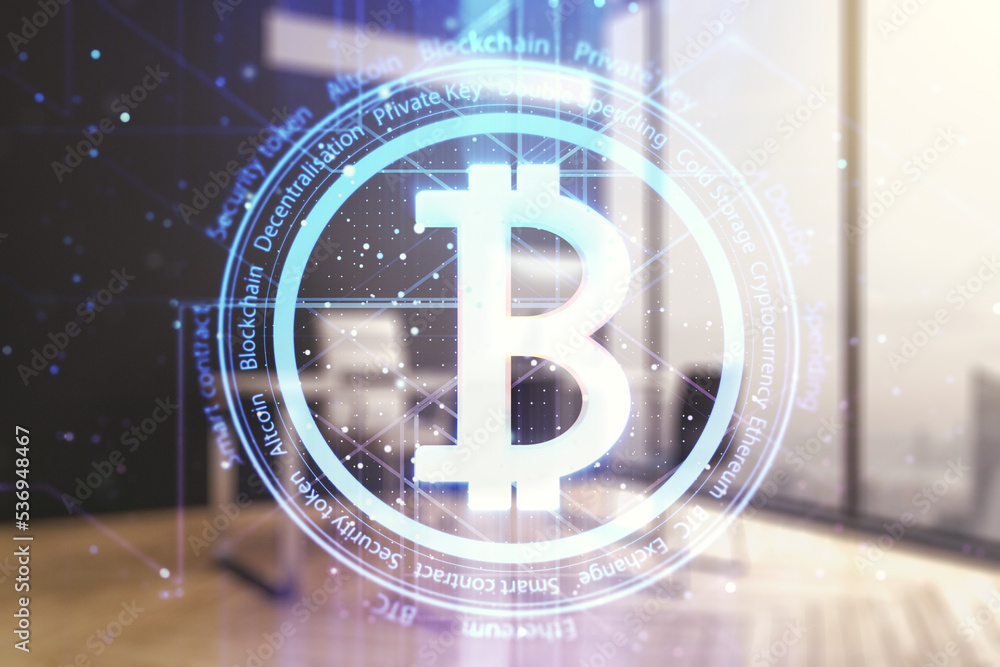 Poster creative bitcoin concept and modern desktop with computer on background. multiexposure