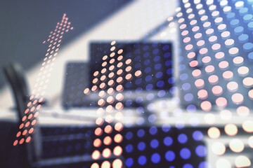 Creative abstract upward arrows sketch and modern desk with computer on background, target and goal concept. Multiexposure