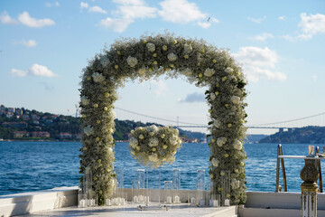 Obraz na płótnie Canvas Engagement Decoration and Istanbul Bosphorus View in the Background