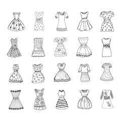 collection of hand-drawn fashionable women's dresses in retro style