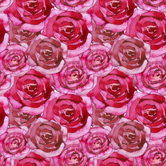 Seamless pattern bright pink rosebuds. Hand drawn watercolor pink and red roses.