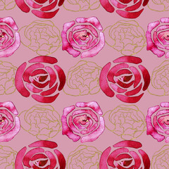 Seamless pattern bright pink and gold rosebuds. Hand drawn watercolor pink and red roses.