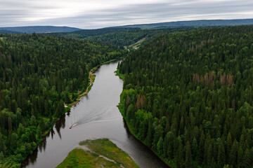 Fototapeta na wymiar View of the island and the river Usva from the Usvinskiye Pillars. Perm region. Russia