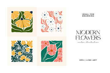 Floral abstract elements. Botanical composition. Modern trendy Matisse minimal style. Floral poster, invite. Vector arrangements for greeting card or invitation design