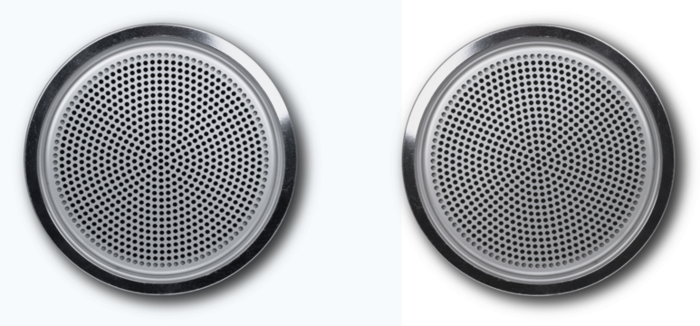 Realistic round metal loudspeakers isolated, with minimum shadow
