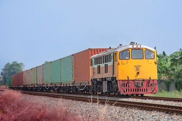 Fototapeta premium Container-freight train by diesel locomotive on the railway.