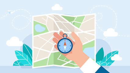 Hand holding a compass on background of the map. Search for direction of movement, landmark. A businessman holds a navigation device in his palm. Navigation concept. Flat style. Vector illustration. © Yurii