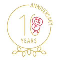10 years anniversary with rose flower, logo design template