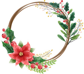 Naklejka premium Christmas holly and berries wreath in watercolors style