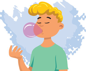 A little boy with chewing gum bubble.  Cute kid blowing a pink bubble gum. 