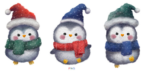 Cute penguin watercolor isolated illustration. Watercolor Christmas stickers, hand drawn penguin with Christmas hat and colorful scarf. Group of fluffy and fat baby penguins in winter for decoration. 