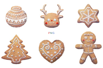 Set of Gingerbread cookies watercolor isolated illustration. Christmas cookies hand drawn stickers, garlands decoration. Ginger man, Christmas tree, reindeer icing cookies for happy new year party.