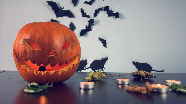 Lighting pumpkin with spooky face, turn on light, fire from candle, halloween expositionon table, bats and mice in the background