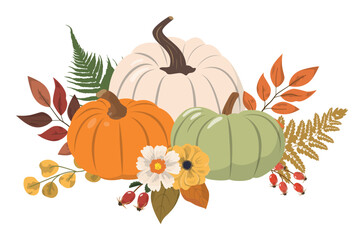 Cute cartoon autumn with colorful pumpkins, flowers and forest leaves. Harvest festival design