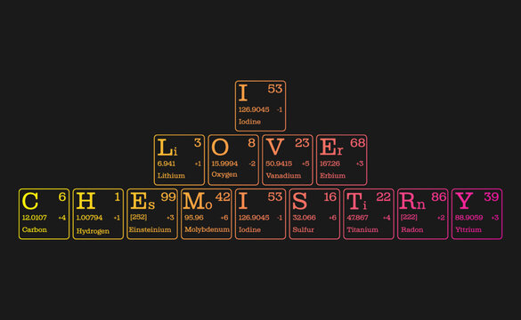 I love chemistry. Vector illustration of text consisting of letters of the periodic system of chemical elements. Sketch for creativity.