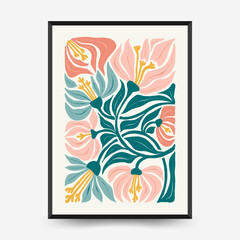 Abstract floral posters template. Modern trendy Matisse minimal style. Pink and blue colors. Hand drawn design for wallpaper, wall decor, print, postcard, cover, template, banner. 