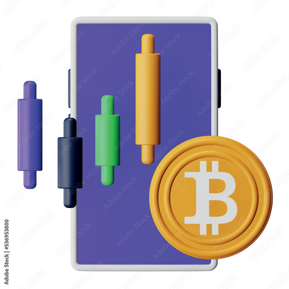 Aufkleber bitcoin graph 3d rendering isometric icon.