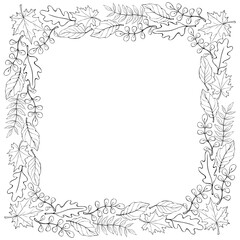 Square vector frame, border made of black outline leaves hand drawn in doodle style. Theme is forest, nature