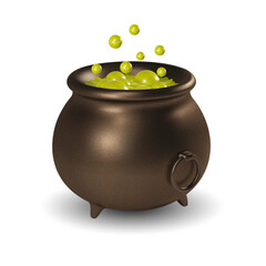 3D realistic cartoon witch boiler with a liquid green toxic poison with bubbles. Vector illustration. Isolated clipart with traditional decorative element for Helloween