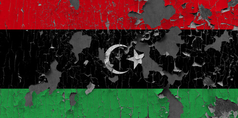 3D Flag of Libya on an old stone wall background.