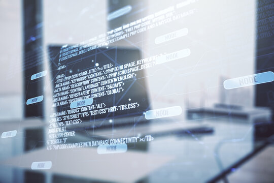 Abstract creative coding illustration on modern computer background, software development concept. Multiexposure