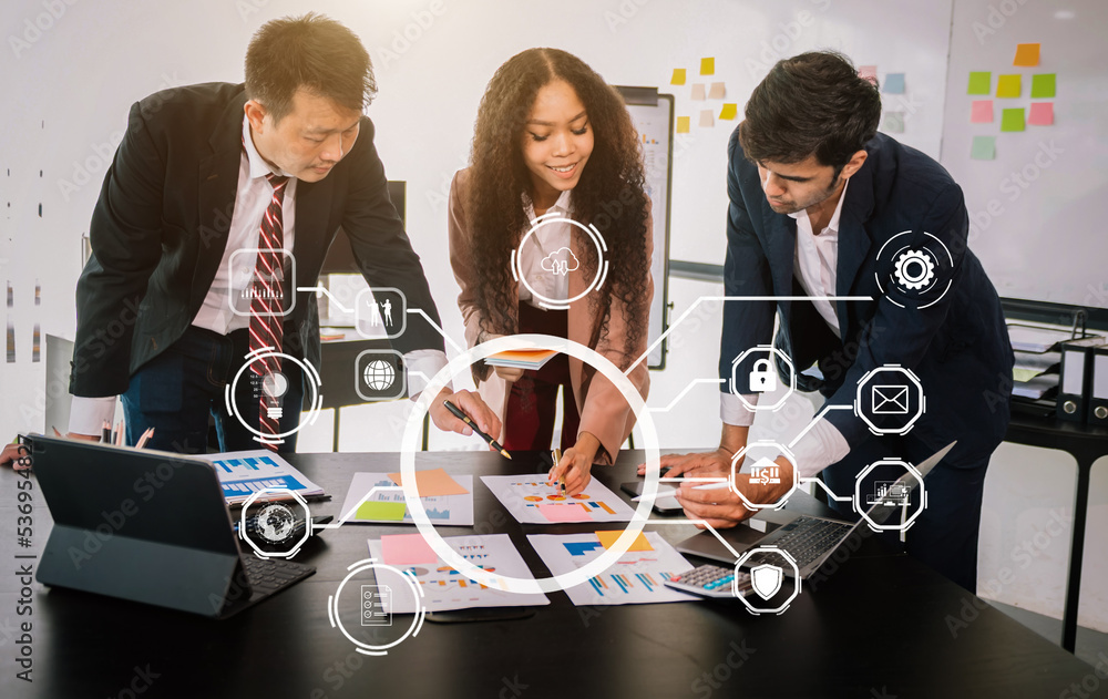 Poster working team meeting concept, business using laptop and smart phone and digital tablet computer with