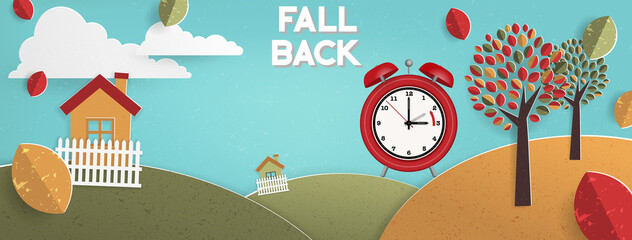 Autumn landscape illustration with alarm clock for fall daylight savings time change