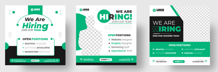 We are hiring job vacancy social media post banner design template with green color. We are hiring job vacancy square web banner design.