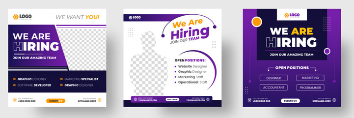 We are hiring job vacancy social media post banner design template with blue color. We are hiring job vacancy square web banner design.