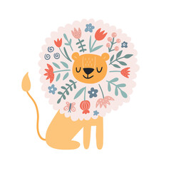 Cute lion with flowers. Modern vector illustration. Jungle life clipart. Vector illustration. Funny doodle animals. 