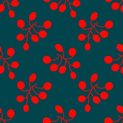 Seamless pattern. Red berries on a green background. 