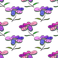 Funny flowers with people's faces. Seamless children's pattern. 