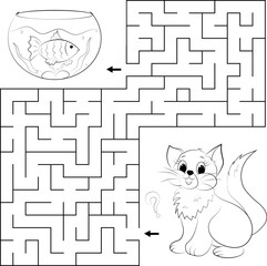 Labyrinth or labyrinth game. Puzzle for children. Cartoon cat and fish in the aquarium. Coloring book for children. Vector illustration