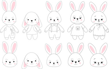 Obraz na płótnie Canvas rabbit, hare cartoon set sketch ,outline icon isolated vector