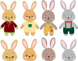 set of cartoon rabbits on white background, isolated vector