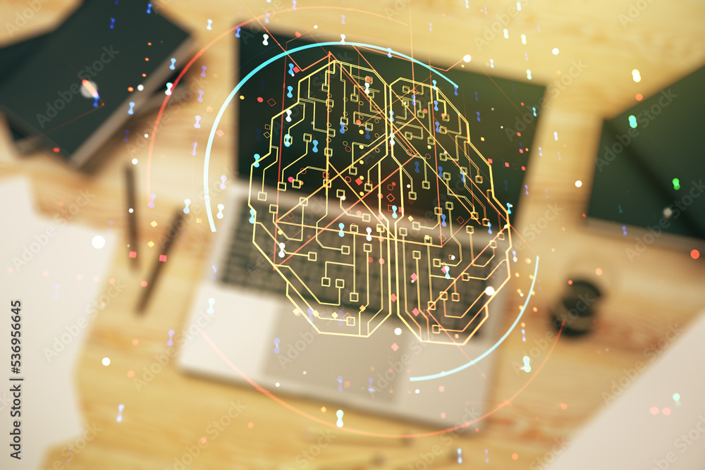Poster Double exposure of creative artificial Intelligence symbol with modern laptop on background. Neural networks and machine learning concept