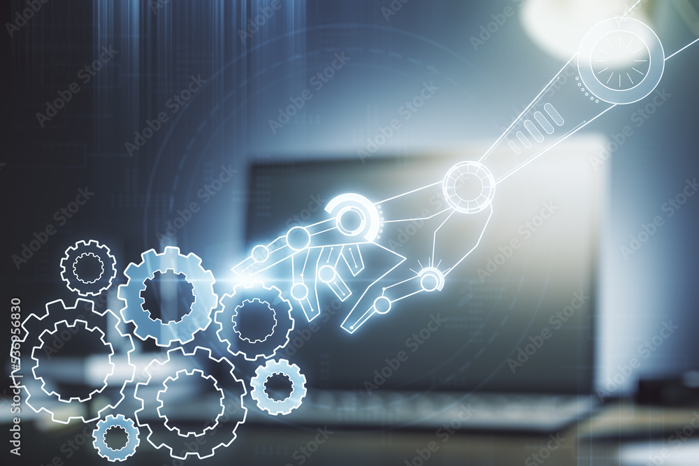 Aufkleber double exposure of robotics technology hologram on laptop background. research and development softw