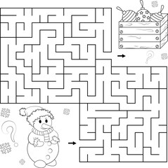 Labyrinth or labyrinth game. Puzzle for children. Cartoon snowman and box with Christmas toys. Coloring book for children. Vector illustration