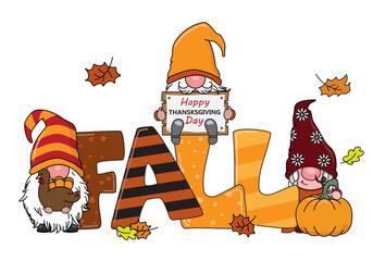 Autumnal card. Gnomes next to the word fall with pumpkin and turkey