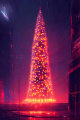 Fototapeta na wymiar christmas tree with neon light in a cyberpunk city at night - retrowave - neon noir - illustration - painting