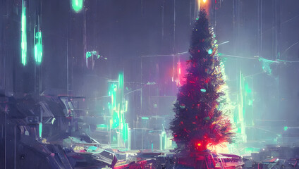 christmas tree with neon light ans a star in a cyberpunk city at night - retrowave - neon noir - illustration - painting