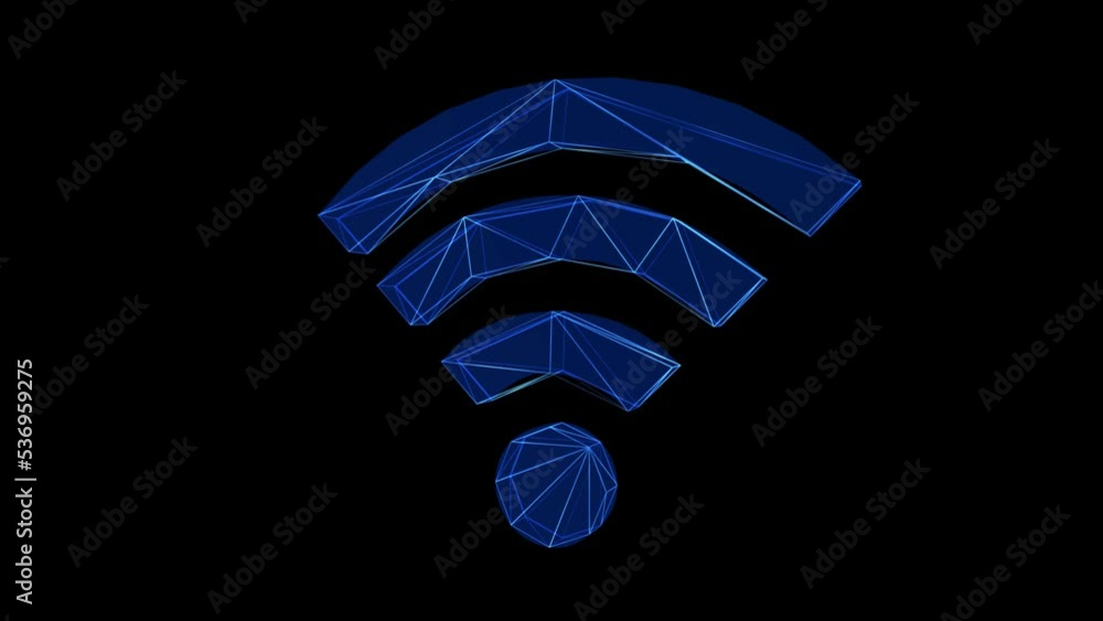 Poster wireless network icon blue low poly rotating on black background. concept of world wide connection s