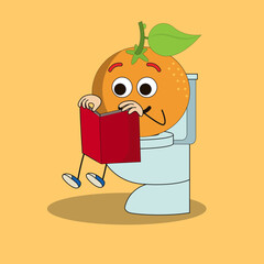 Art illustration Doodle Kawaii Fruits Symbol Character Orange Mascot Activity of Sitting Toilet and Read book