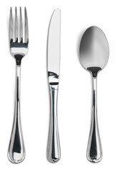 Silverware. Fork, spoon and knife isolated on white - obrazy, fototapety, plakaty