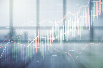 Multi exposure of virtual abstract financial diagram on abstract empty interior background, banking and accounting concept